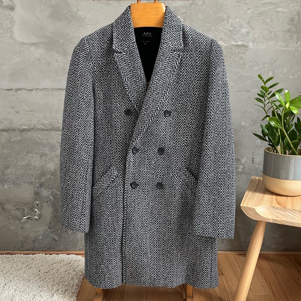 APC double breasted navy herringbone wool coat